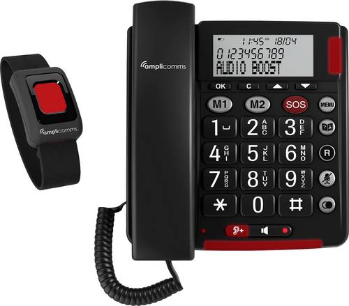 Amplicomms BigTel 50 Alarm Plus Schnurgebundenes Seniorentelefon für Hörgeräte kompatibel, inkl. Notrufsender, Wahlwiederholung LED-Display Schwar