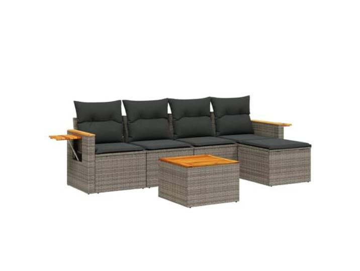 PUGYNBK Gartenmöbel-Set, 6-teilig, synthetisches Rattan, Grau Aufbewahrung unter dem Sitz, klappbarer Beistelltisch, Kissen mit waschbarem Bezug, modulares Design