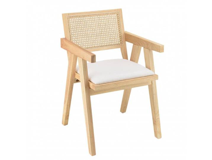 MACABANE AGATHE - Fauteuil bois d'Hévéa dossier rotin naturel tissu blanc