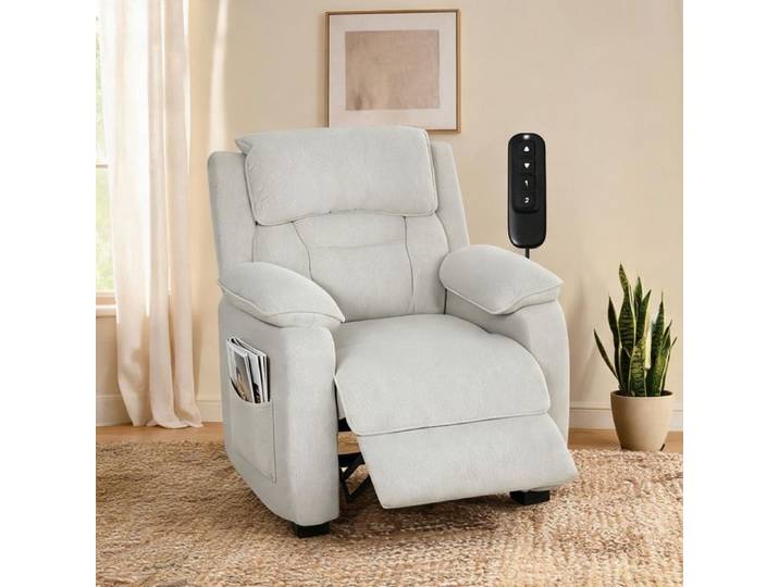Fauteuil inclinable électrique beige finition velours avec télécommande et repose-pieds pour le salon