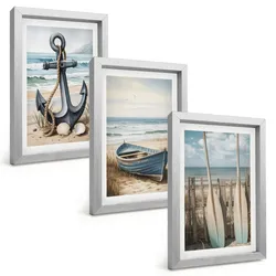 BILDER SET 3er Set - 20x30 cm Silberner Rahmen - Anker, Boot, Ruder, Strand