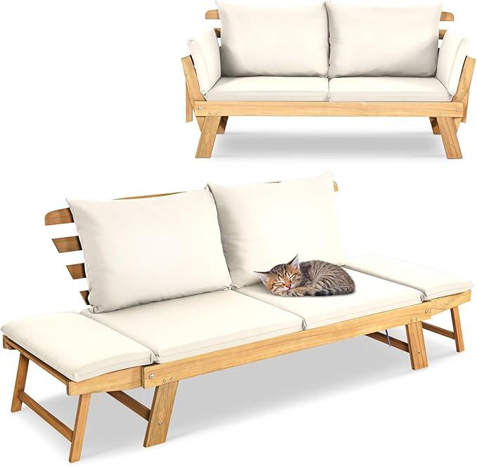 Gartenbank mit Liegefunktion, Gartensofa mit klappbaren Seitenlehnen, Balkonbank mit Auflagen, Sitzbank Outdoor aus Akazienholz, Loungesofa 3-Sitzer, Liegesofa für Balkon (Beige+Natur)