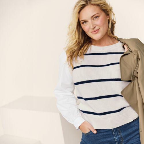 Lagenlook-Pullover Drifter mit Schulterknöpfen für Damen, Damen, size: regular, Elfenbein, Baumwolle, by Lands' End
