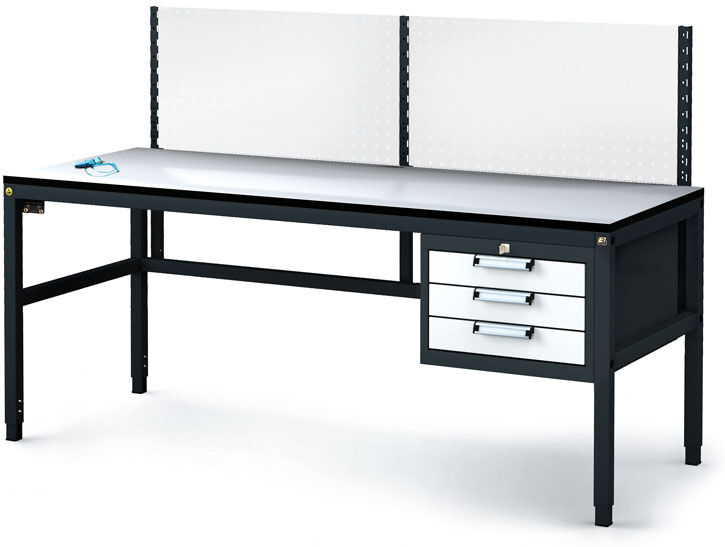 Alfa 3 Antistatische ESD-Werkbank mit Lochplatte, 3 Werkzeugkästen mit Schubladen, 1800x800x745-985 mm