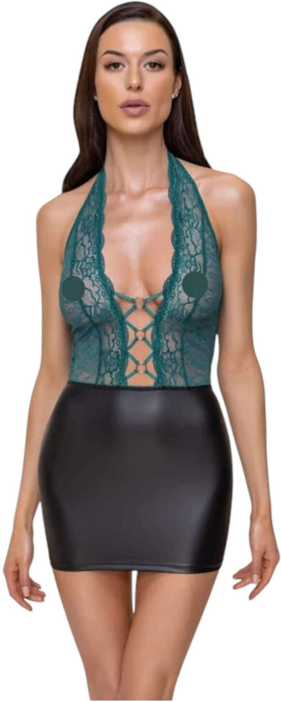 Cottelli - Shiny Lace-Up Dress with Lace (Black-Green) - L