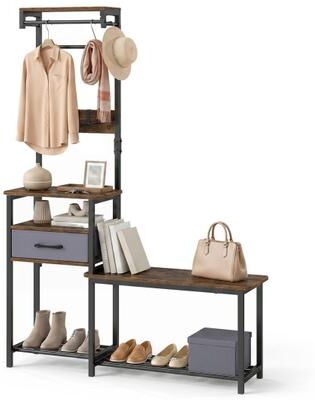 Costway 7-in-1 Hall Tree with Shoe Bench and Hooks and Removable Drawer for Entryway-Rustic Brown