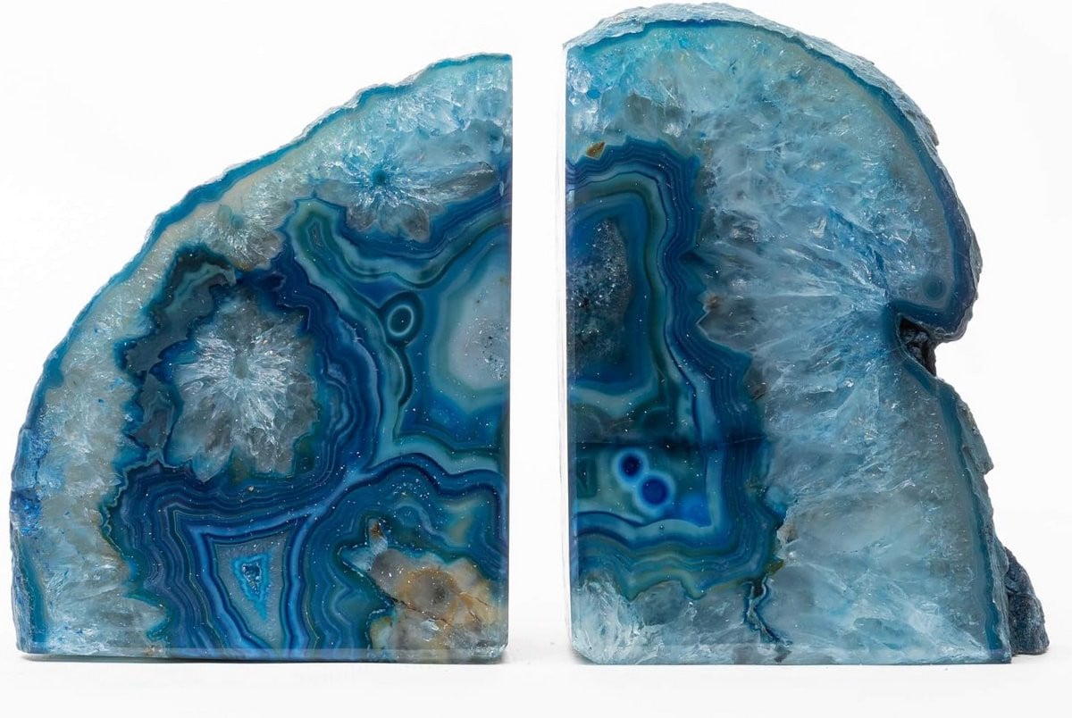 Set van 2 blauwe agate boekensteunen met geode sleutelhanger