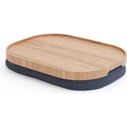 Laptray Tablett L oval Weidenholz mit Anti-Rutsch-Beschichtung und mit einem grauen Kissen