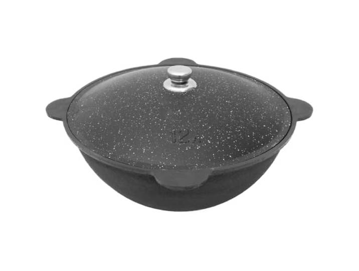 FlameFusion Kazan Topf aus Gusseisen mit Deckel, für Utschak geeignet, Outdoorküche Gulasch Kanone Kasan (12 Liter - runder Boden)