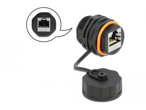Delock 86695 Kabelverbinder RJ45 Buchse zu RJ45 Buchse Cat.6A mit Verschlusskappe wasserfest 86695 Schwarz 1St.