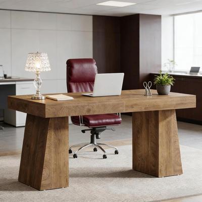 CARMORICO "55"" Mid-Century Modern Executive Desk with Trapezoid Base for Home Office"