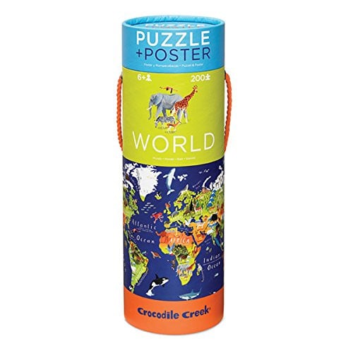 Crocodile Creek Wereldkaart Puzzel met dieren en poster, 200 stukjes