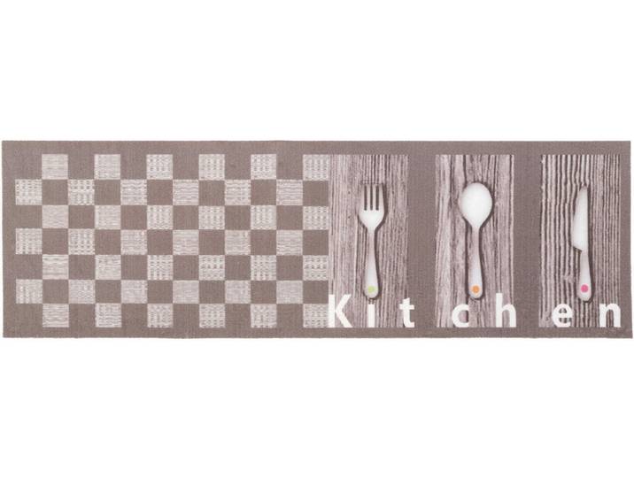 Küchenläufer KITCHEN, Made in Belgium , braun, B:45cm H:5mm L:145cm, Polyamid, PRIMAFLOR-IDEEN IN TEXTIL, Teppiche, Küchenläufer, mit Schriftzug & Motiv Besteck, rutschhemmend, waschbar, Küche