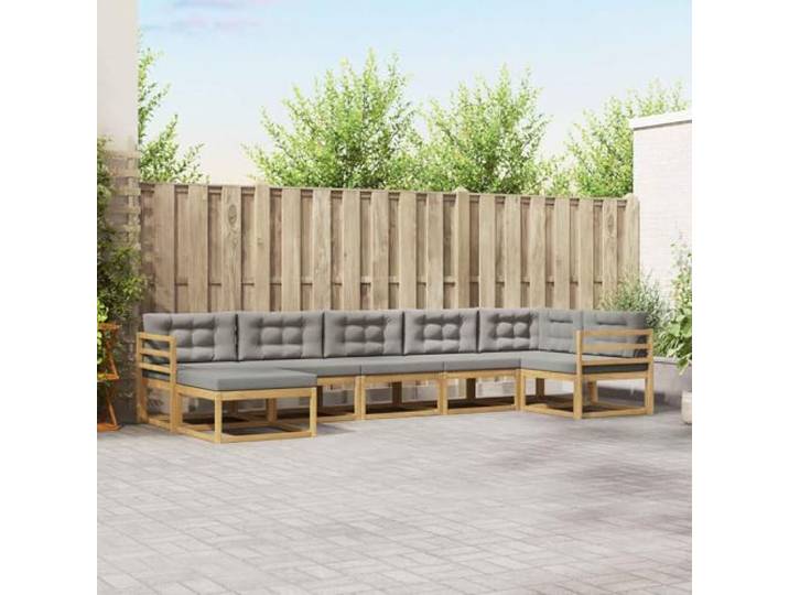 RJPLMFV Sektionalsofa für den Außenbereich, 7-teilig, weiß, hellgrau Massives Akazienholz, Lattenrahmen, modulares Design, komfortabel für Terrasse, Garten