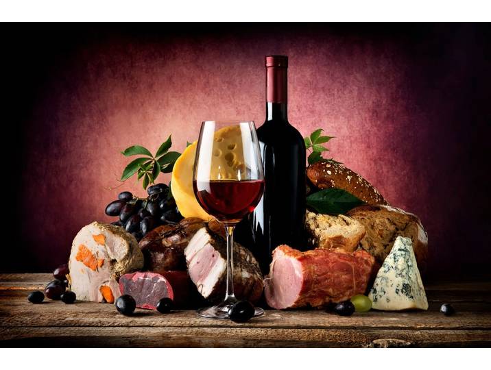 Fototapete PAPERMOON Wein mit Essen , bunt, B:3,5m L:2,6m, Vlies, Tapeten, Fototapete