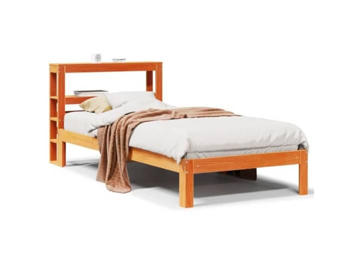 PUGYNBK Bettgestell aus Massivholz, Braun, 75 x 190 cm Massives Kiefernholz, Lattenrost im Lieferumfang enthalten, Kopfteil mit Regalen, rustikal
