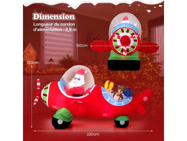 Avion de Noël gonflable avec Père Noël au volant, des boîtes cadeaux et des lumières LED intégrées - Grande décoration gonflable