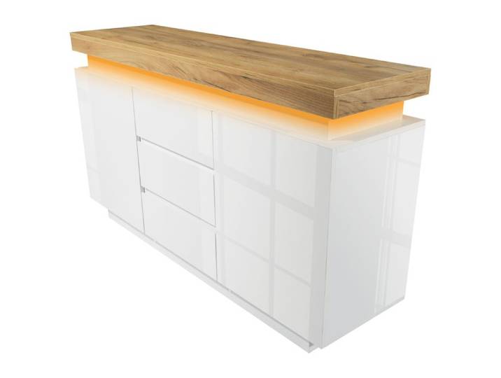 BEL Commode/buffet laqué brillant 2 portes+3 tiroirs LED app salon/chambre 81x140x39 blanc