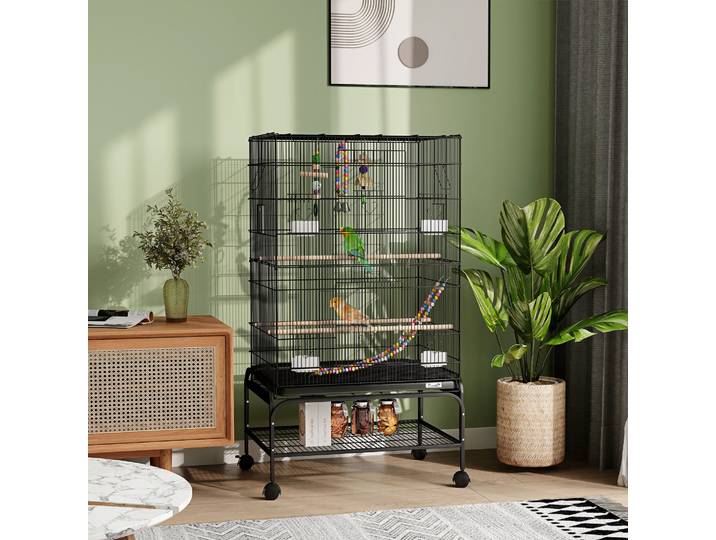 PawHut Cage à Oiseaux avec Aire de Jeu et Roues 64x45x110 cm Noir