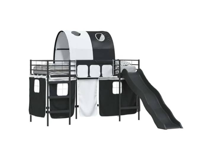 PUGYNBK Etagenbett für Kinder mit Rutsche und Vorhänge, Schwarz, 90 x 190 cm, Metall