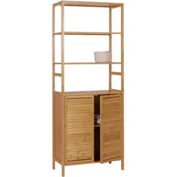Hochschrank HWC-B18, Badschrank Badregal Schrank Regal, 2 Türen 4 Regalböden Bambus MDF FSC®-zertifiziert 168x64x33cm