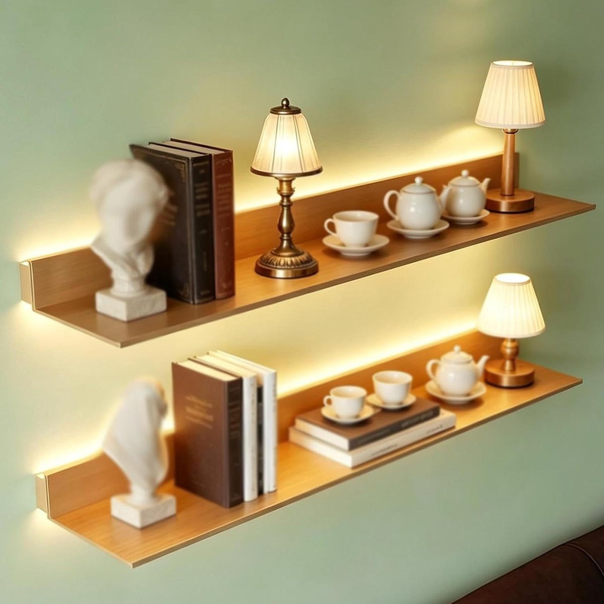 Zwevende wandplank met ingebouwde LED-verlichting in goud, 80 cm