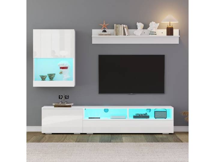 Ensemble Meuble TV Mural LED - 3 Pièces – Banc TV Vitrine et Étagère Murale - Blanc Brillant
