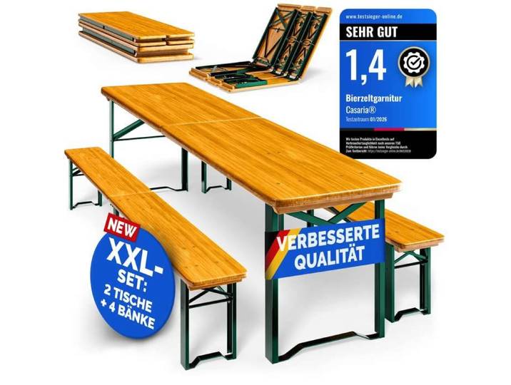CASARIA® 2x Ensembles table et bancs en bois de brasserie 220 cm 10 personnes Meubles de jardin pliable 3 pièces Intérieur extérieur