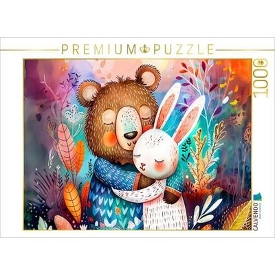 CALVENDO Puzzle Aquarell Comic Bär und Hase umarmen sich in freundlicher Szene | 1000 Teile Lege-Größe 64 × 48 cm Foto-Puzzle für glückliche Stunden