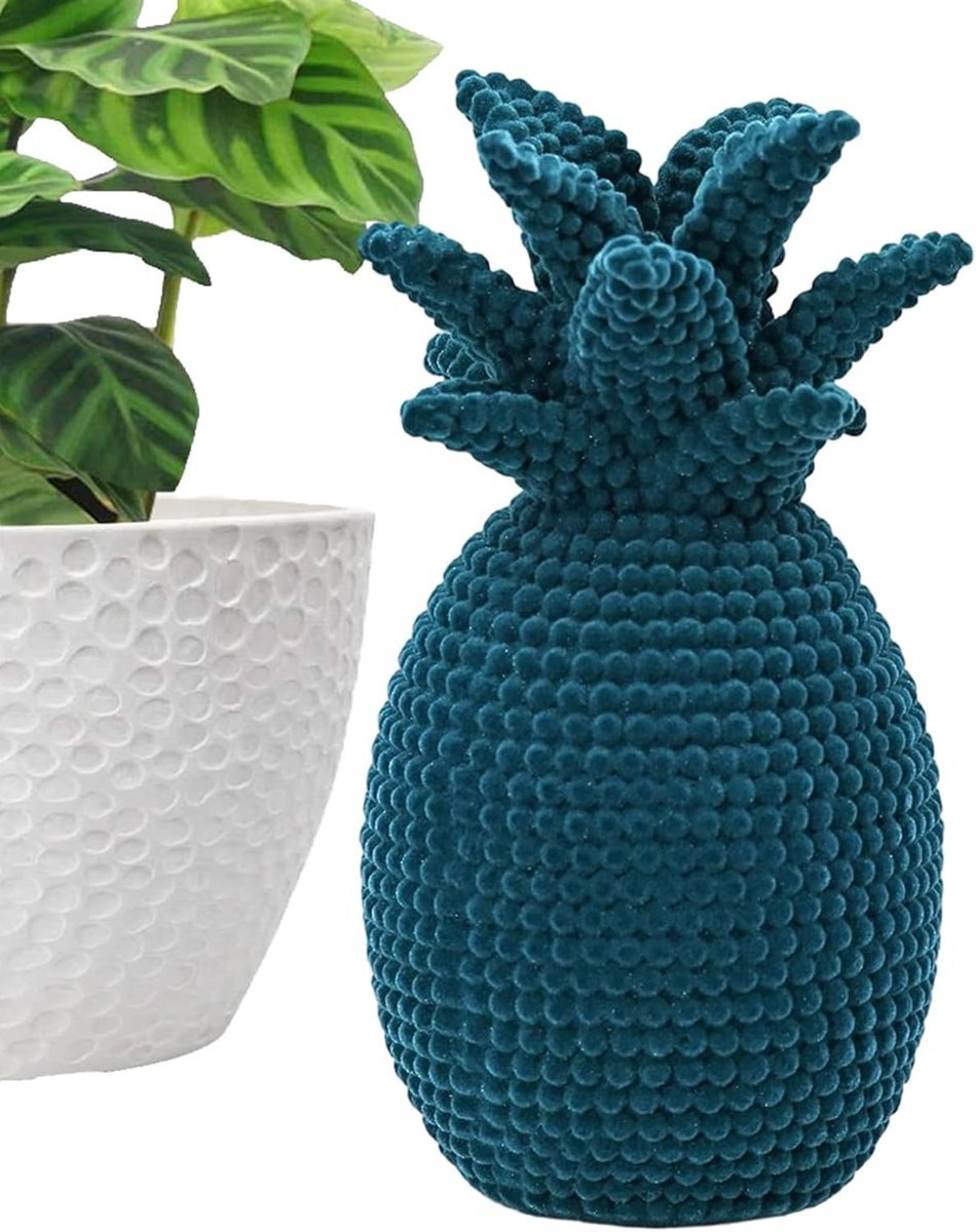 Blauw Gevlokt Ananas Beeld voor Decoratie - Hoogte: 23,6 cm
