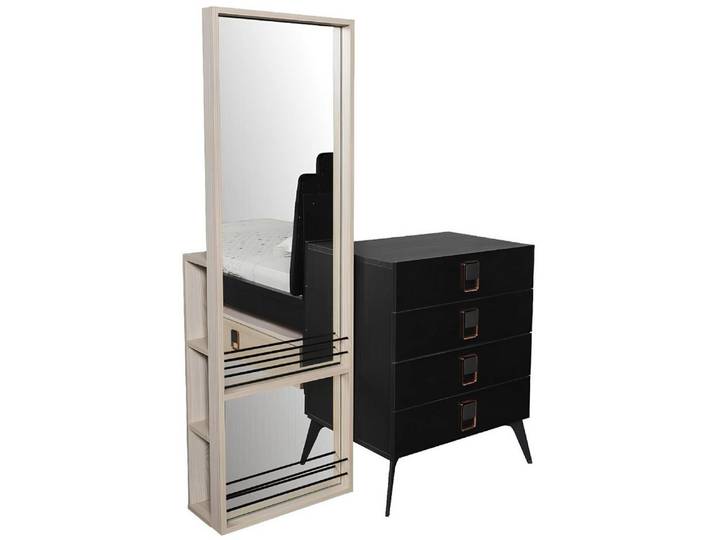 Xlmoebel Schubkastenkommode Schwarze Holz-Kommode mit Spiegel und geräumigen Regalfächern (Kommode mit Spiegel, Kommode + Spiegel), Hergestellt in Europa