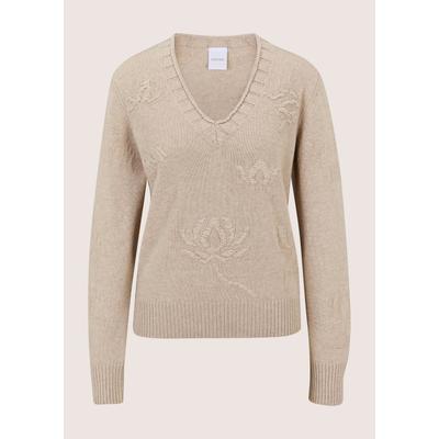 Longpullover MADELEINE "Kaschmirpullover Eleganter Strickpullover mit floralem Design", Damen, Gr. 44/46, beige, Modern, V-Ausschnitt, Pullover Longpullover, florales Strickmuster