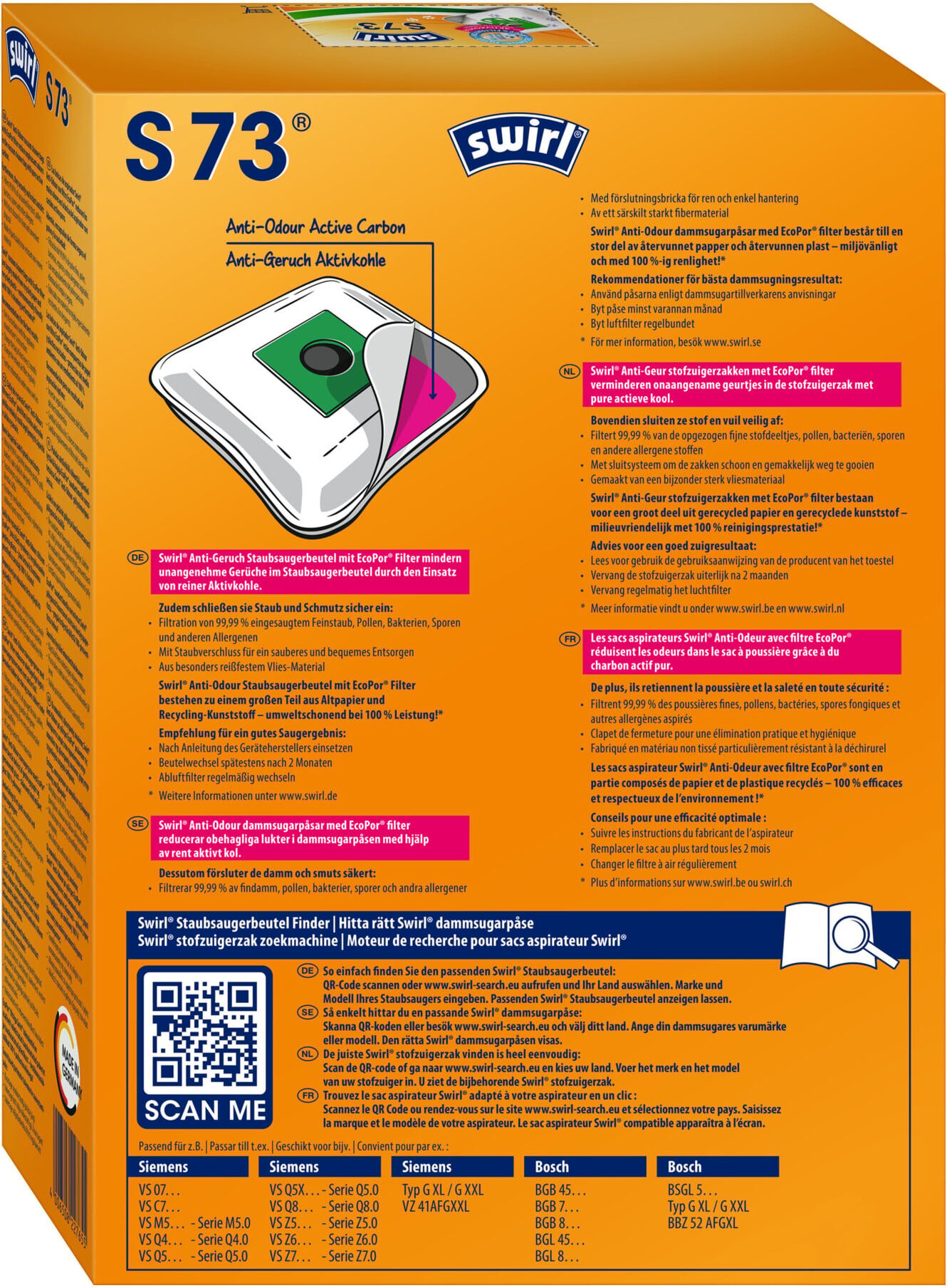 Swirl Staubbeutel S 73 Anti-Odour VE4 Siemens BOSCH (227655 Anti-Odour (EcoPor))