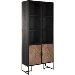 Vitrine Criss Cross aus Teakholz, Industrial Design, natur schwarz, 4 Türen, Metallgestell