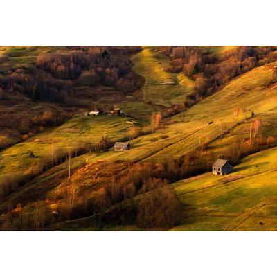 Fototapete PAPERMOON "Landschaft mit Häusern", bunt, B:4,5m L:2,8m, Vlies, Tapeten