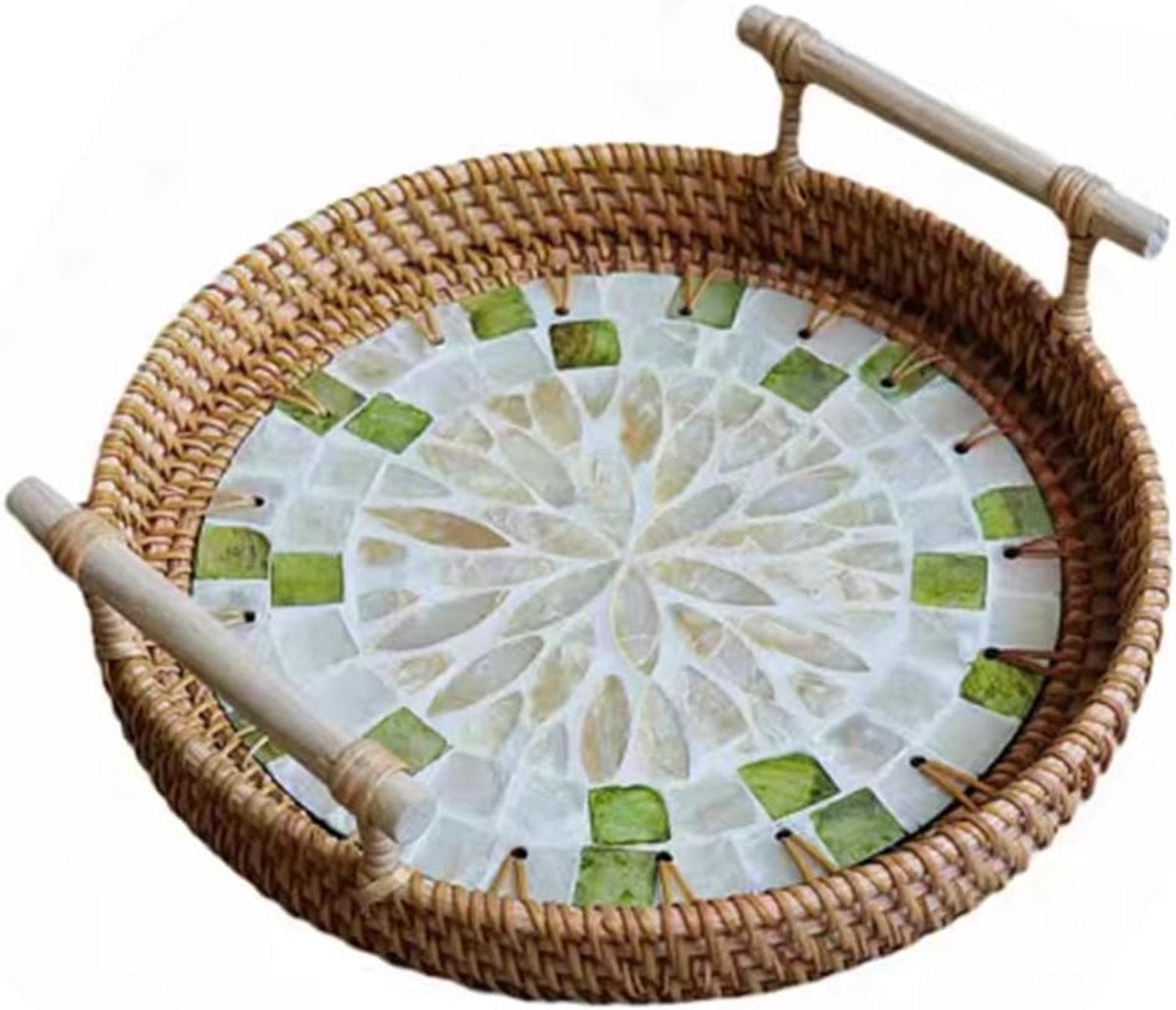Ronde dienblad van rotan met handvat voor decoratie en opbergen