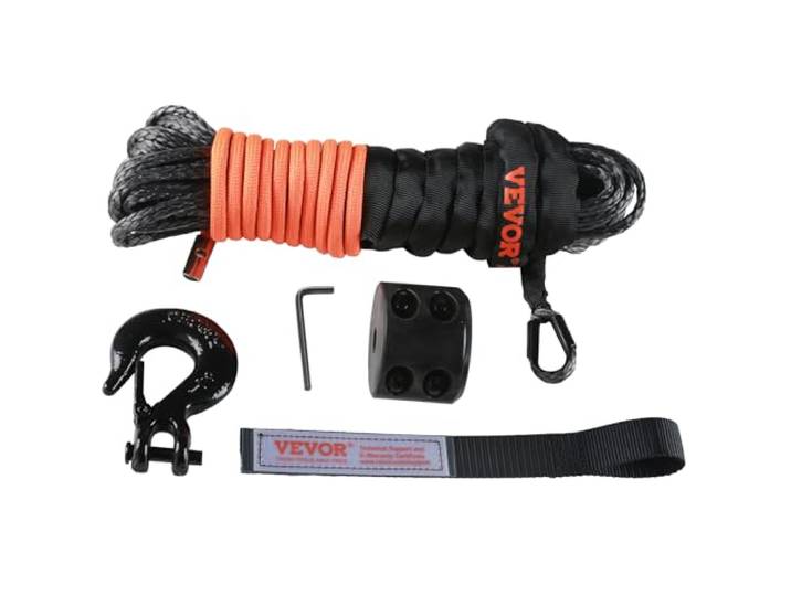 VEVOR Corde de Treuil 6\,4 mm x 15\,2 m Câble Synthétique Résistance Rupture 44\,5 kN avec Manchon de Protection\, Bouchon\, Crochet de Treuil Forgé\, Sangle Traction pour VTT\, UTV\, Petit Véhicule\, Pickup