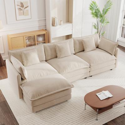 Loedds Chenille L-Shaped Modular Sectional Sofa with Ottoman & Wood Frame