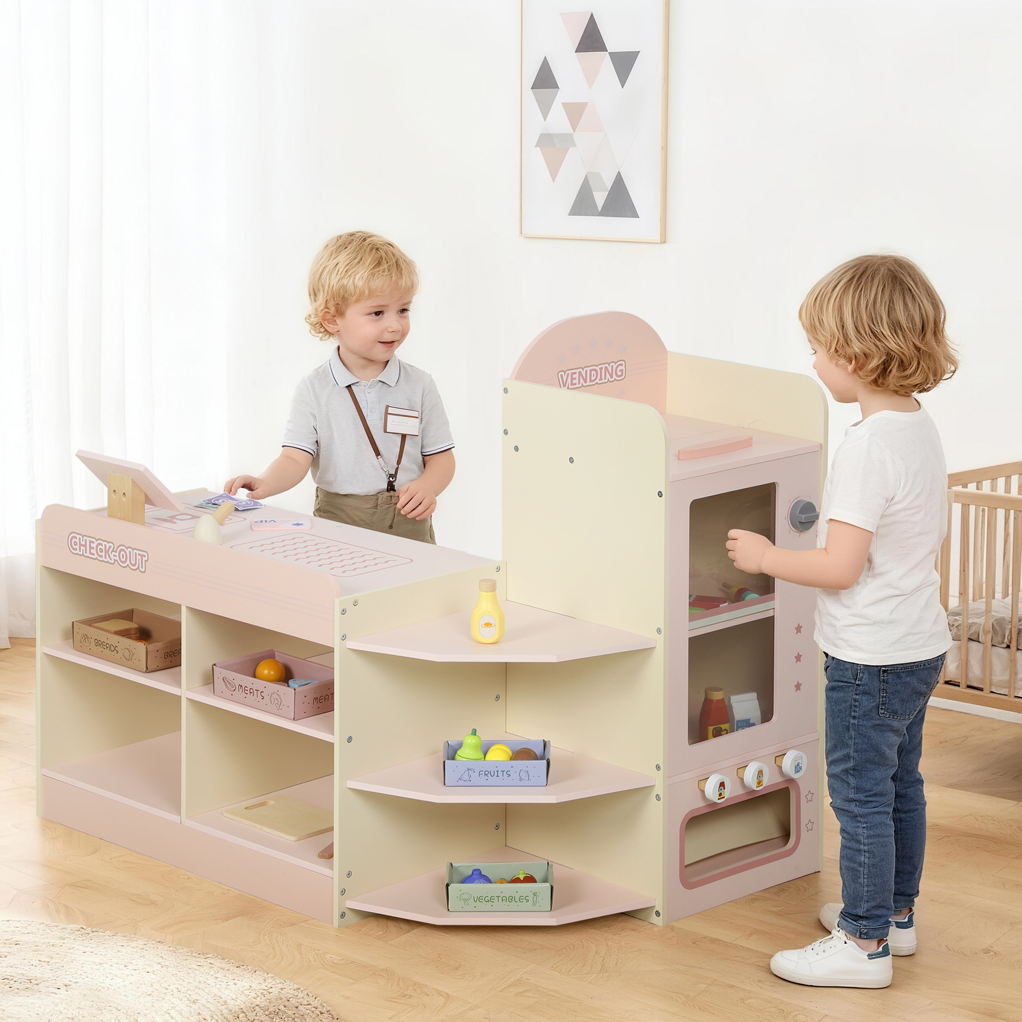 Aiyaplay Supermercato Giocattolo Legno con Cassa Distributore Automatico 3 Scaffali Aperti 4 Scomparti Rosa   Aosom Italy