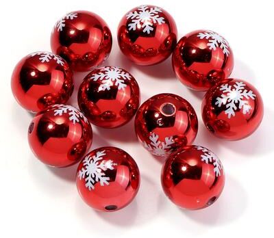 ModernMart Color Printed Big Ball Bead, Christmas Acrylic Beads, For Christmas Tree Party Decoration, Ornament Making Accessories red X Snowflake 0.63 Inches 10pcs