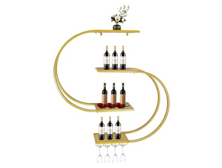 Weinregal Wand Weinregal halbkreisförmig Kohlenstoffstahl gold 4‑Ebenen Wandmontiert, je Ebene 10kg Tragfähigkeit, moderner Stil für Wohn‑ und Barbereich