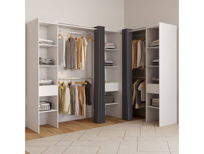 IDMARKET Dressing extensible d'angle MARLON 230 x 140 x 180 cm blanc avec penderies + étagères + rideaux gris