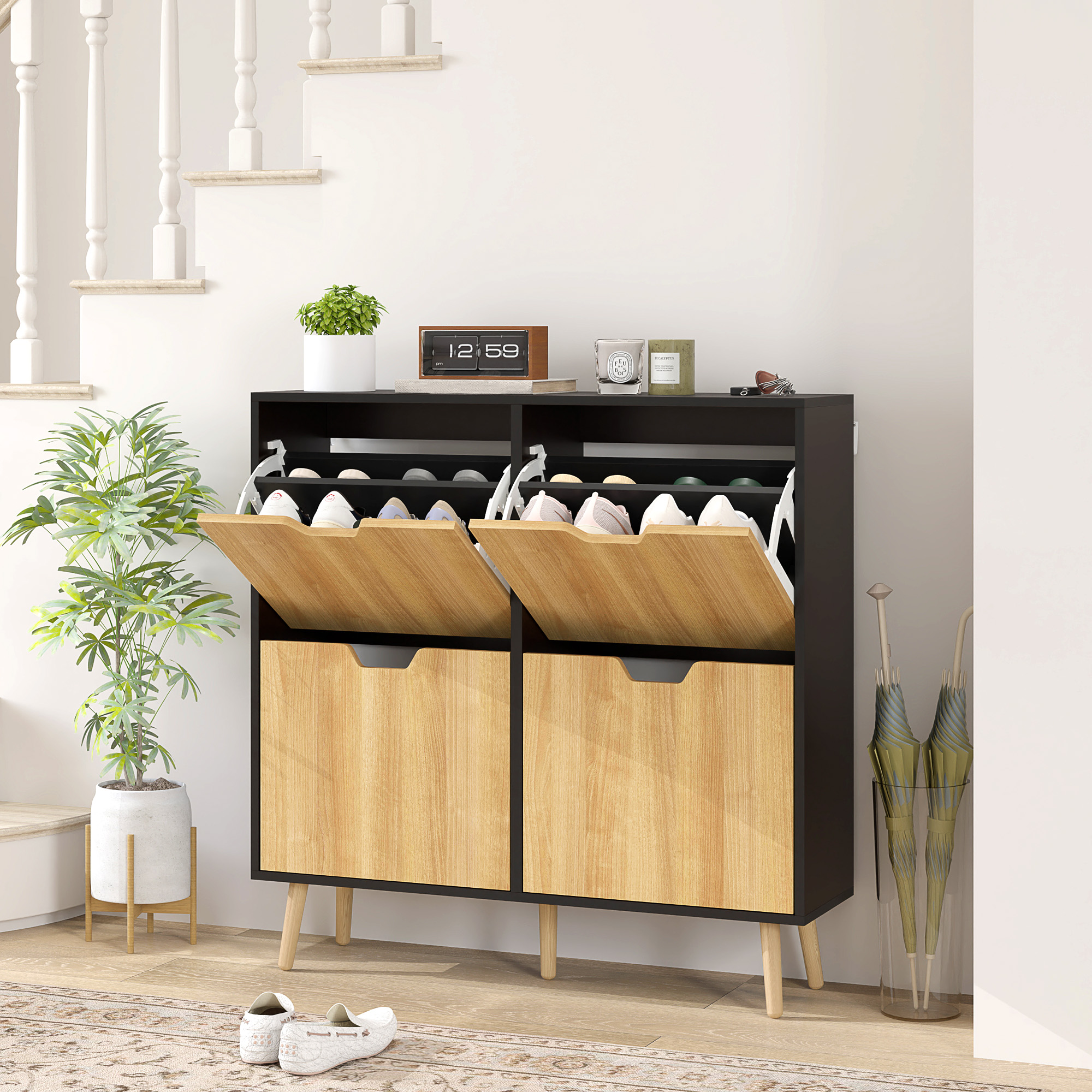 Homcom Mobile Portascarpe Stretto con 4 Cassetti Ribaltabili e Ripiani Regolabili per 16 Paia 95x26x95 cm Naturale e Nero   Aosom Italy