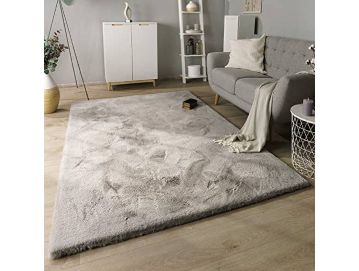 Paco Home Hochflor Teppich Wohnzimmer Schlafzimmer Modern Flauschiger Fellteppich Fell Imitat Kunstfell Langflor, Grösse:80x150 cm, Farbe:Grau