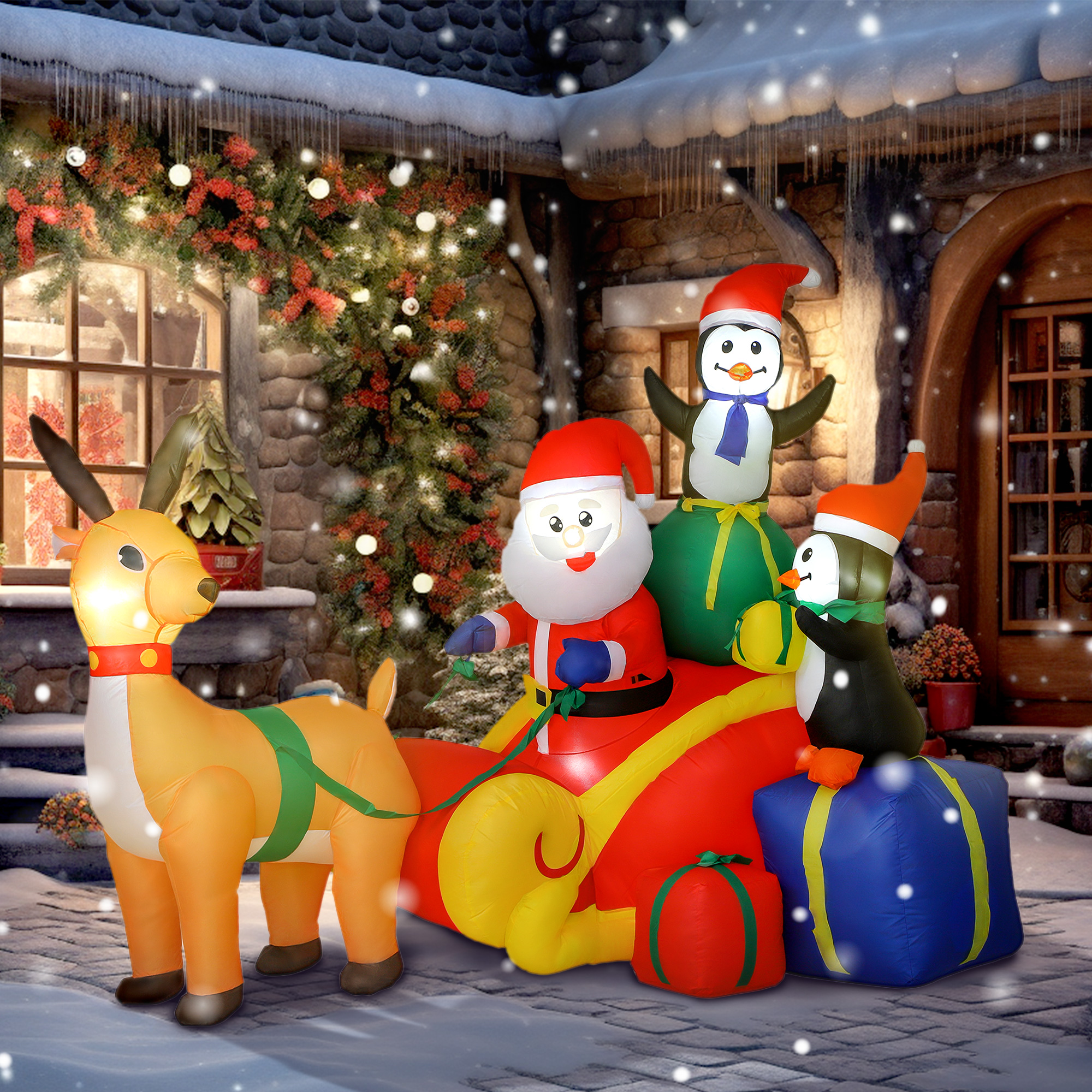 Outsunny Babbo Natale Gonfiabile con Slitta, Pinguini e Renne, Luci LED 180x120x155 cm   Aosom Italy