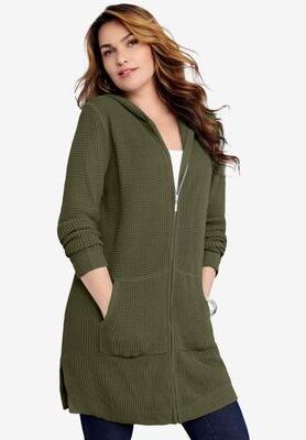 Plus Size Women's Waffle Mega Length Zip Hoodie by Roaman's in Dark Olive Green (Size 14/16)