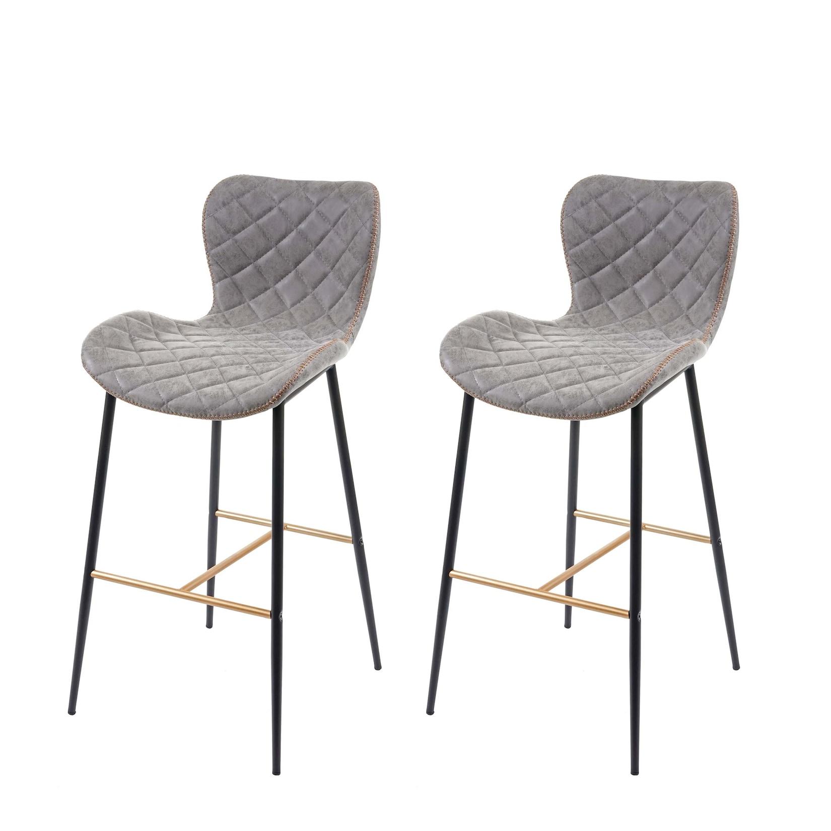 2er-Set Barhocker MCW-E55, Barstuhl Tresenhocker, Vintage goldfarbene Streben ~ Kunstleder Wildlederimitat grau