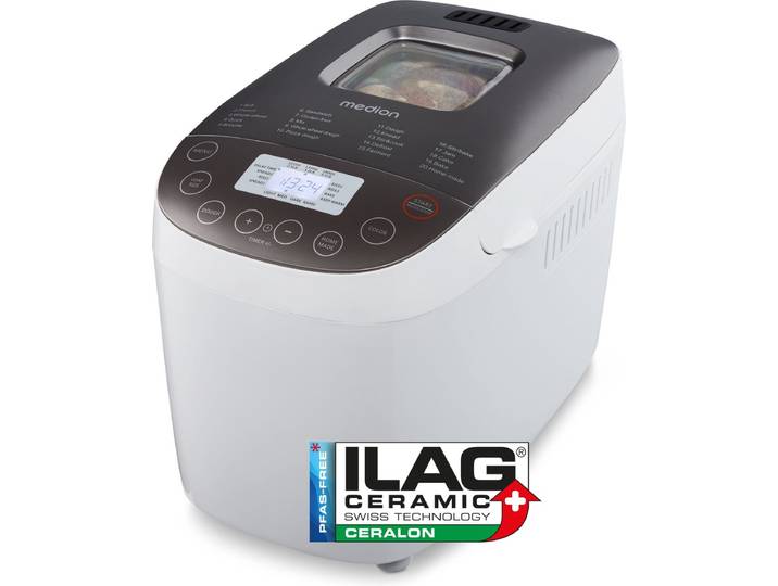 MEDION broodbakmachine (broodbakmachine\, 950 watt\, tot 1600 g\, 20 bakprogramma's\, 3 bruiningsniveaus\, warmhoudfunctie\, kijkvenster\, tijdsinstelling\, MD 12040) 20 Backprogramme\, 3 Bräunungsgrade\, War