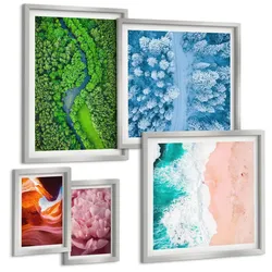 BILDER SET 5er Set - 50x50 cm & 20x30 cm & 40x60 cm Silberner Rahmen - Pferde, Bewegung, Strand, Leuchtturm, Berge