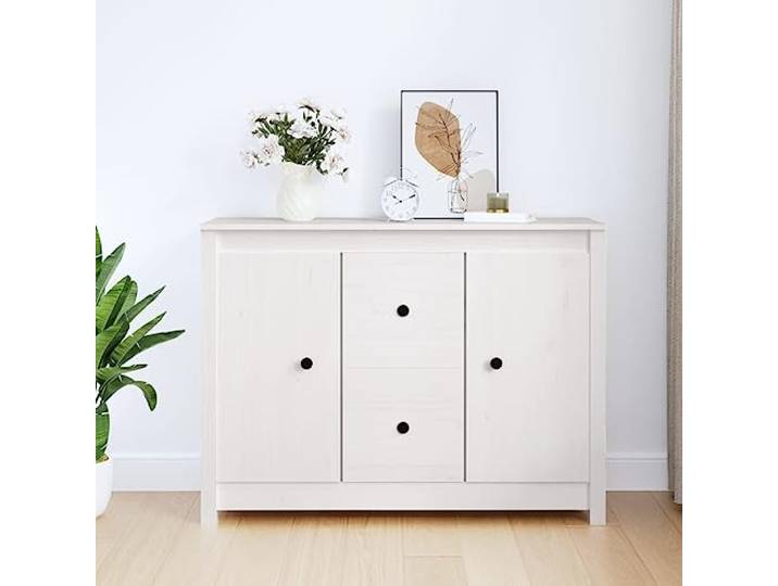 DYRJDJWIDHW Sideboard Weiß 100x35x74 cm Massivholz Kiefer Beistellschrank mit Schubladen und Türen für Wohnzimmer Esszimmer minimalistisch Design Stabiler Stauraum